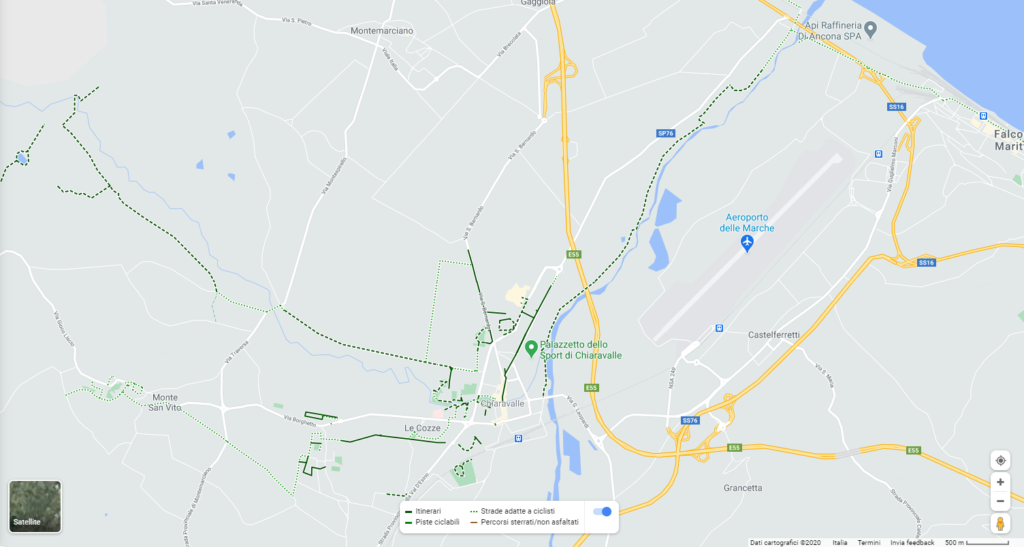 Goggle Maps impostazione In Bici, Esempio di ciclabili da Chiaravalle a Falconara marittina